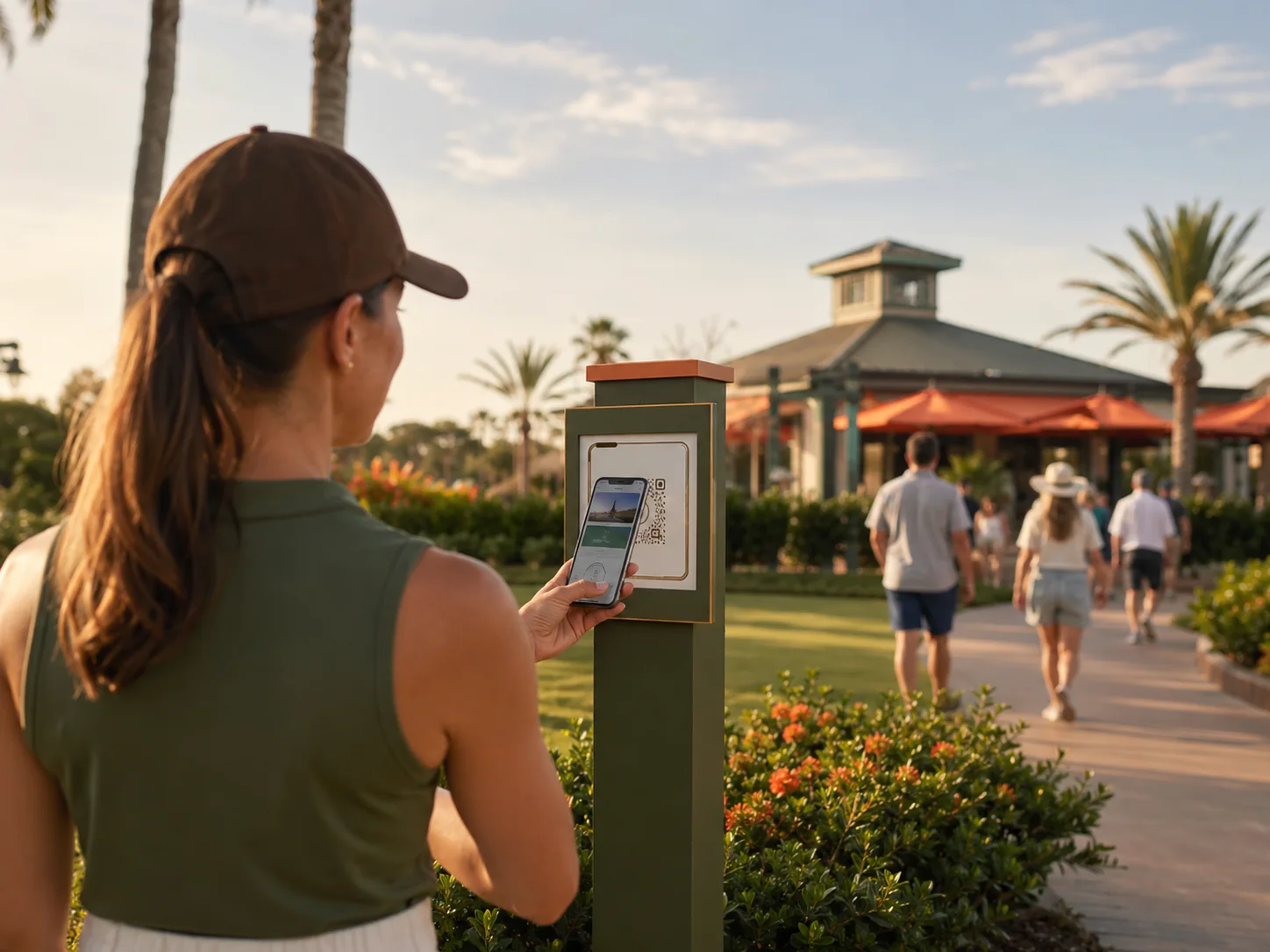 A guest using a phone to scan a mobile experience sign at a public venue.