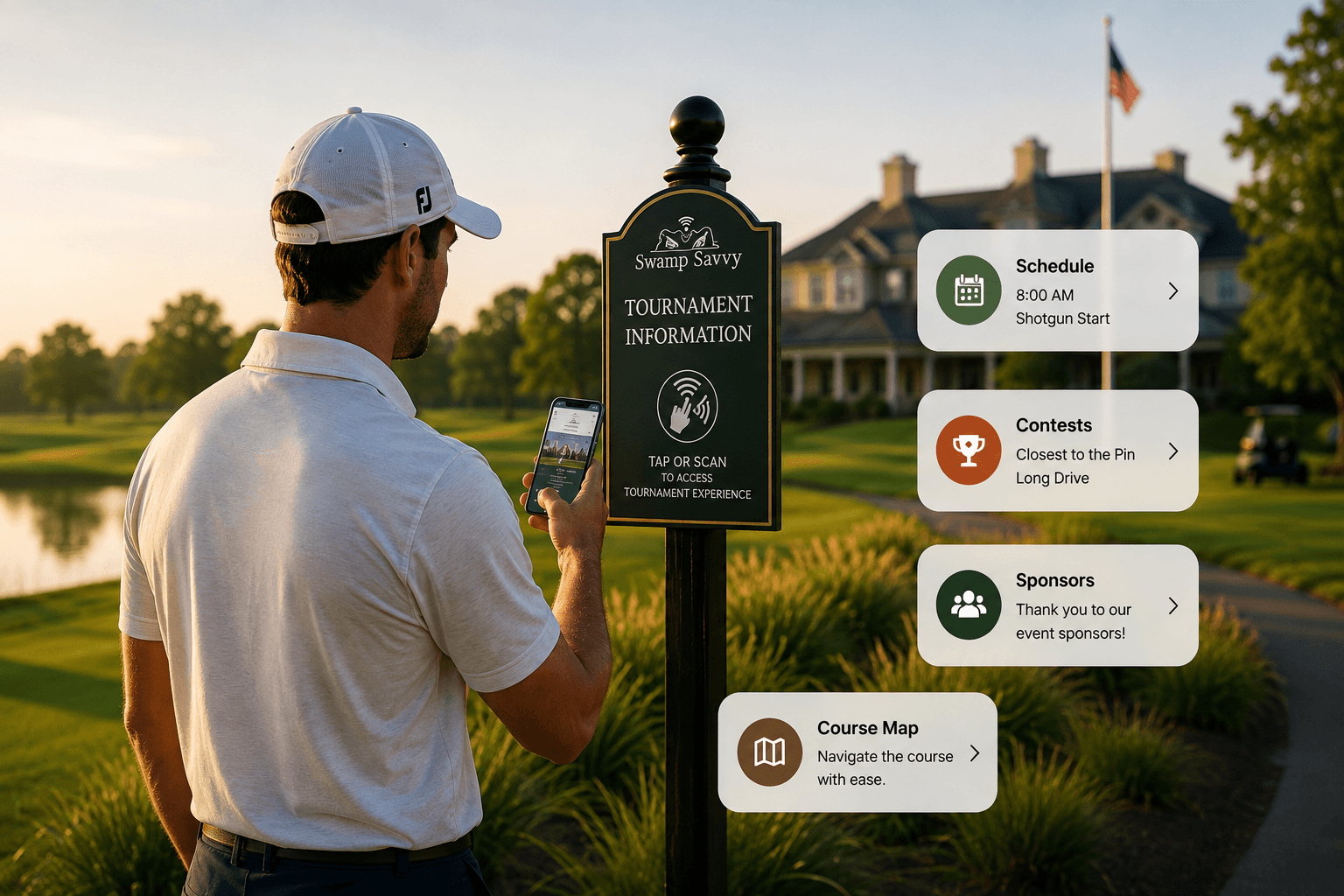 Golfer accessing a Swamp Savvy Tournament Experience beside a golf course information sign.